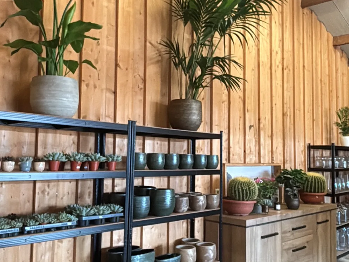 De winkel van Bloei! met de houten wanden, de stellingen met potten en de grote kamerplanten